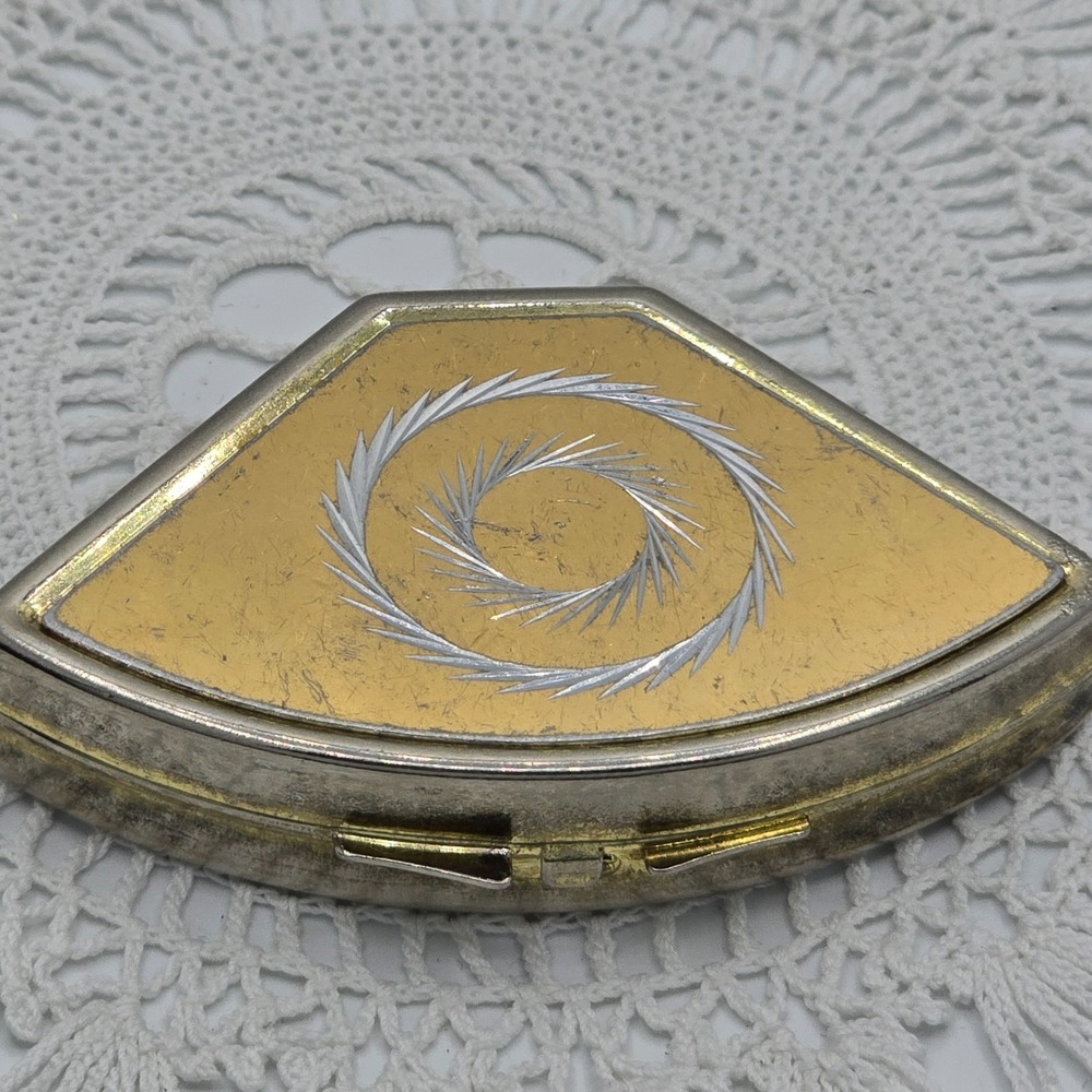 Vintage Pill Box Hong Kong Mixed Metals Gold Tone Sunburst Triangular Compact